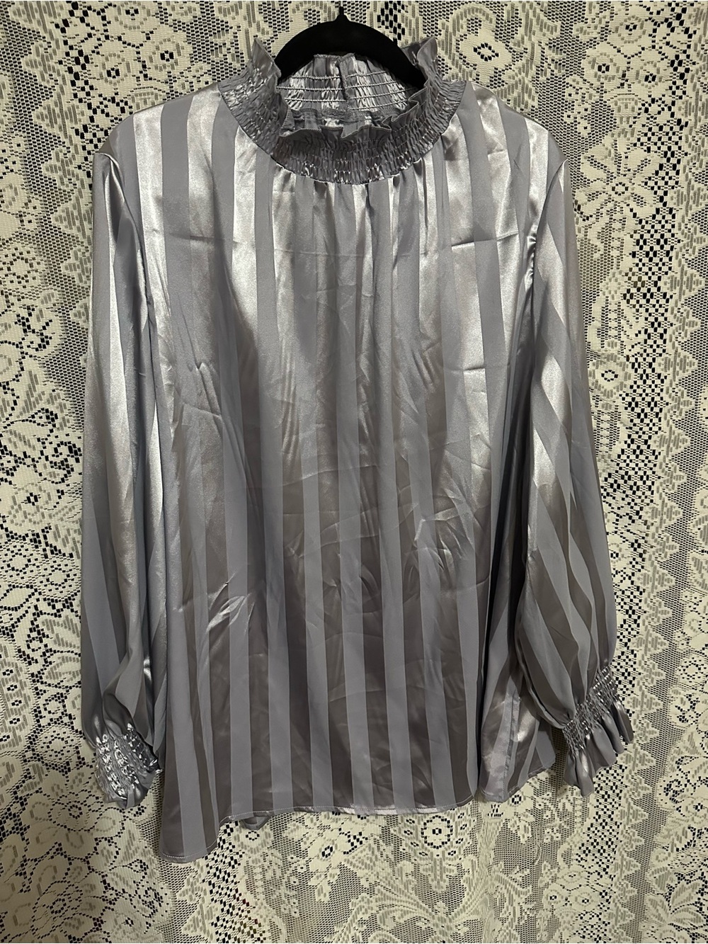 Metallic Silver Striped Ruffle-Neck Women's Top
